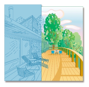 This graphic by Billy Alexander of Charlotte North Carolina represents all of the Exterior characteristics of a dwelling: Doors, Windows, Siding, Roofing, Decking, Furniture, and Landscaping.